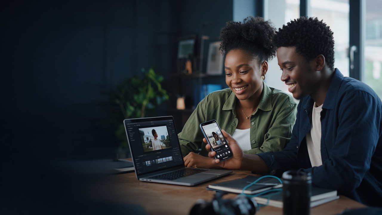 Young brand marketer and creator reviewing campaign content together in a bright studio